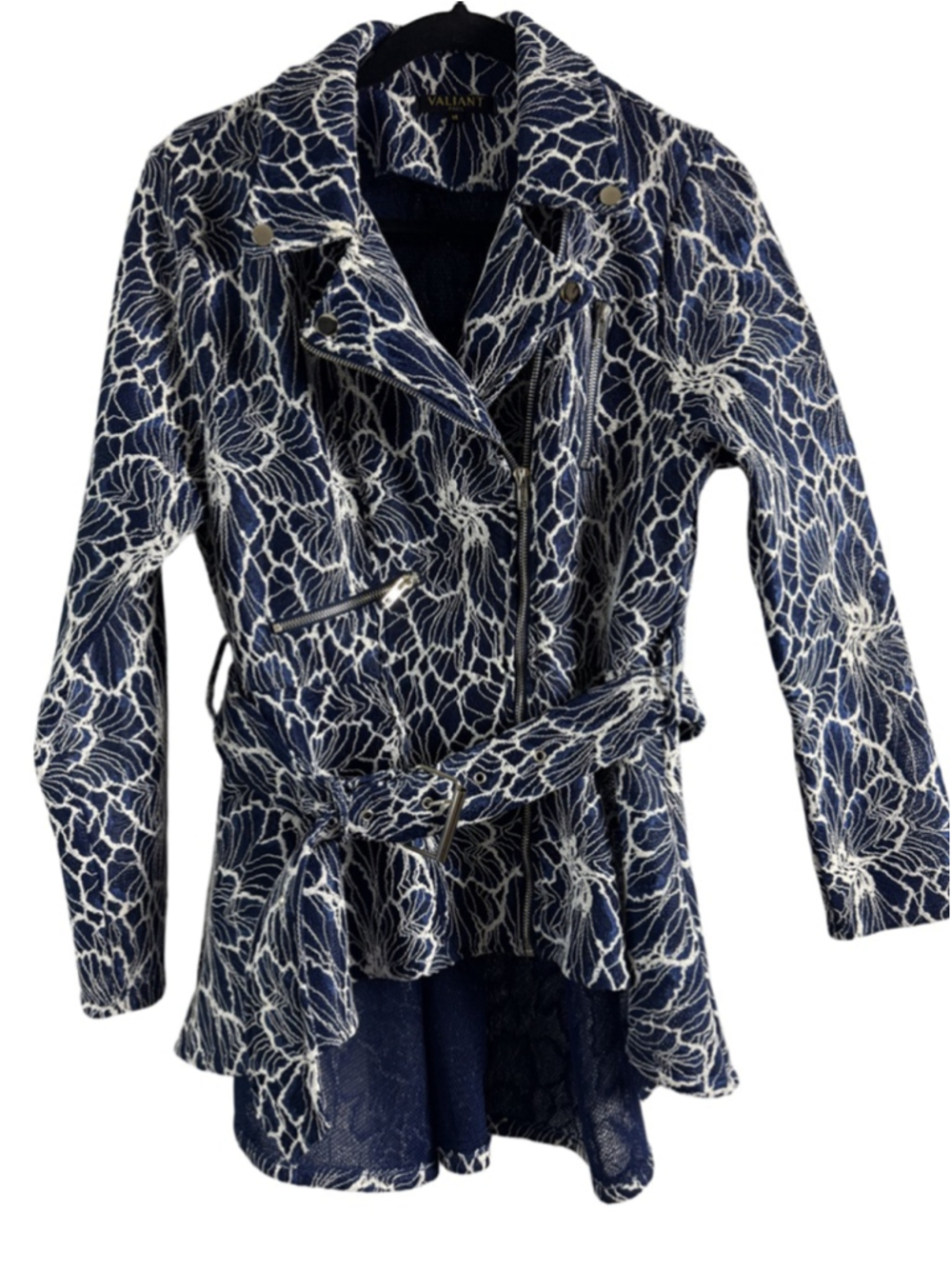 VALIANT PARIS Blue & White Lace Moto Jacket size Medium